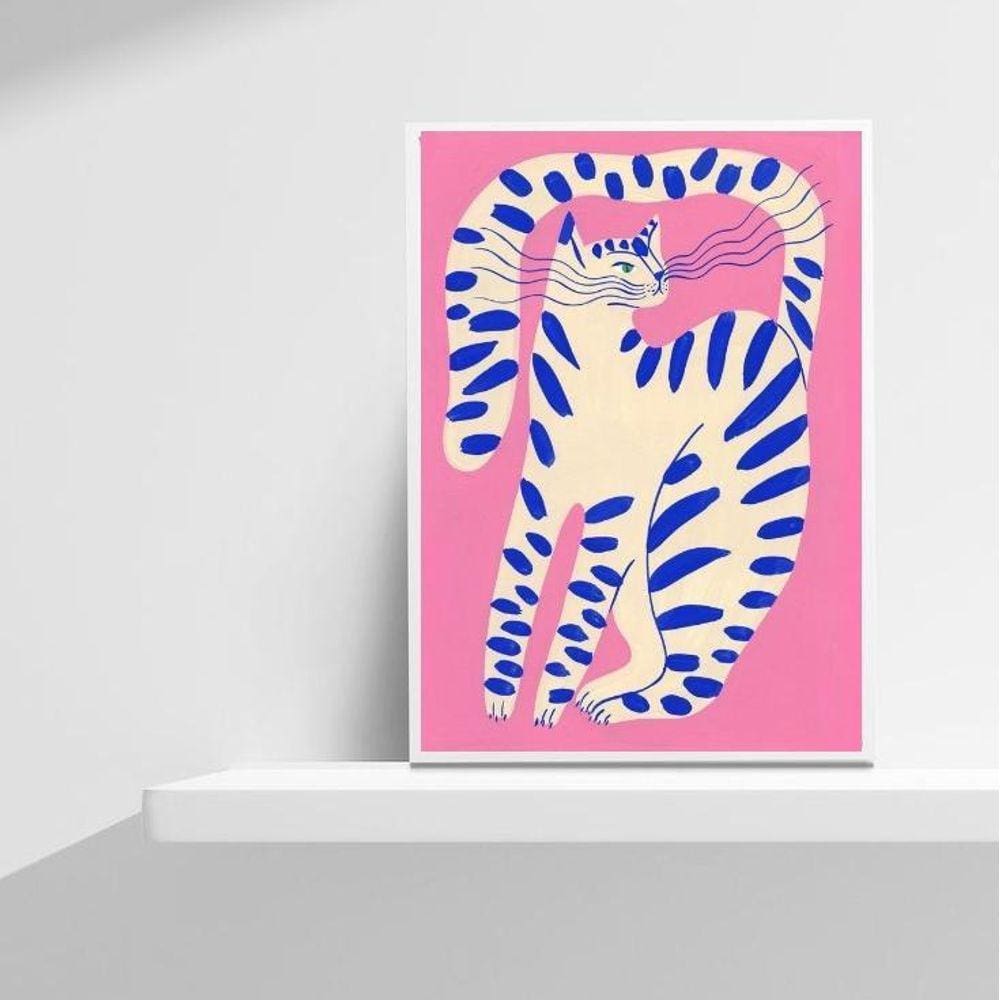 Quadro Decorativo Abstrato Gato Rosa 24x18cm - Madeira Preta