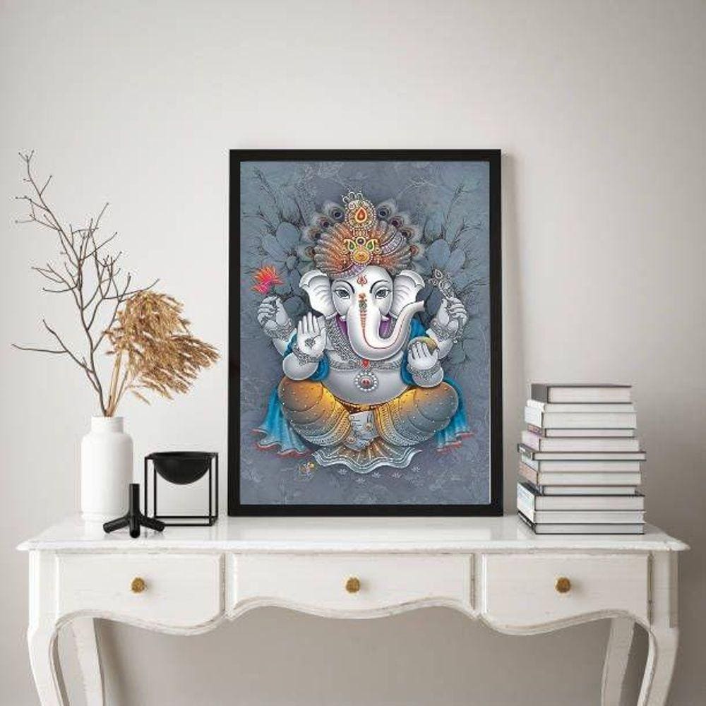Quadro Ganesha Cinza 33x24cm - Moldura Madeira Preta