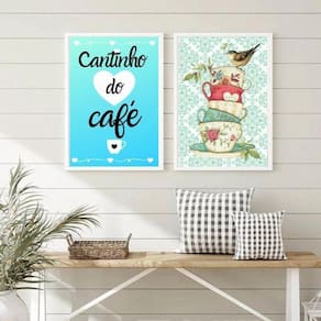 Kit 2 Quadros Café Vintage Passarinho 45x34cm - Preto
