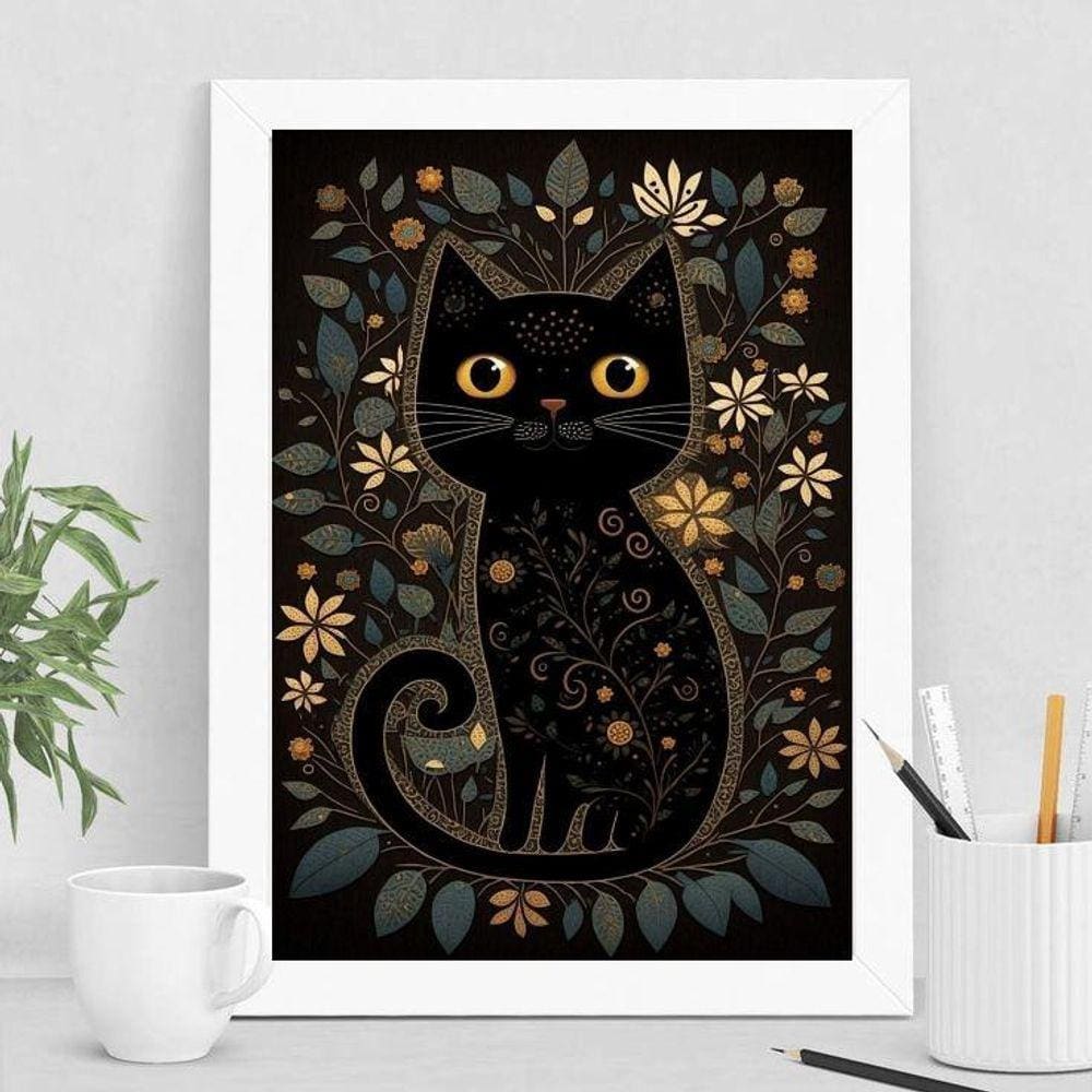 Quadro Gato Preto 33x24cm - Vidro e Madeira Branca