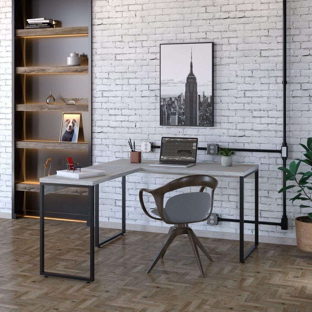 Mesa de Escritório em L Estilo Industrial 135x150cm Kuadra Snow / Est.Preta