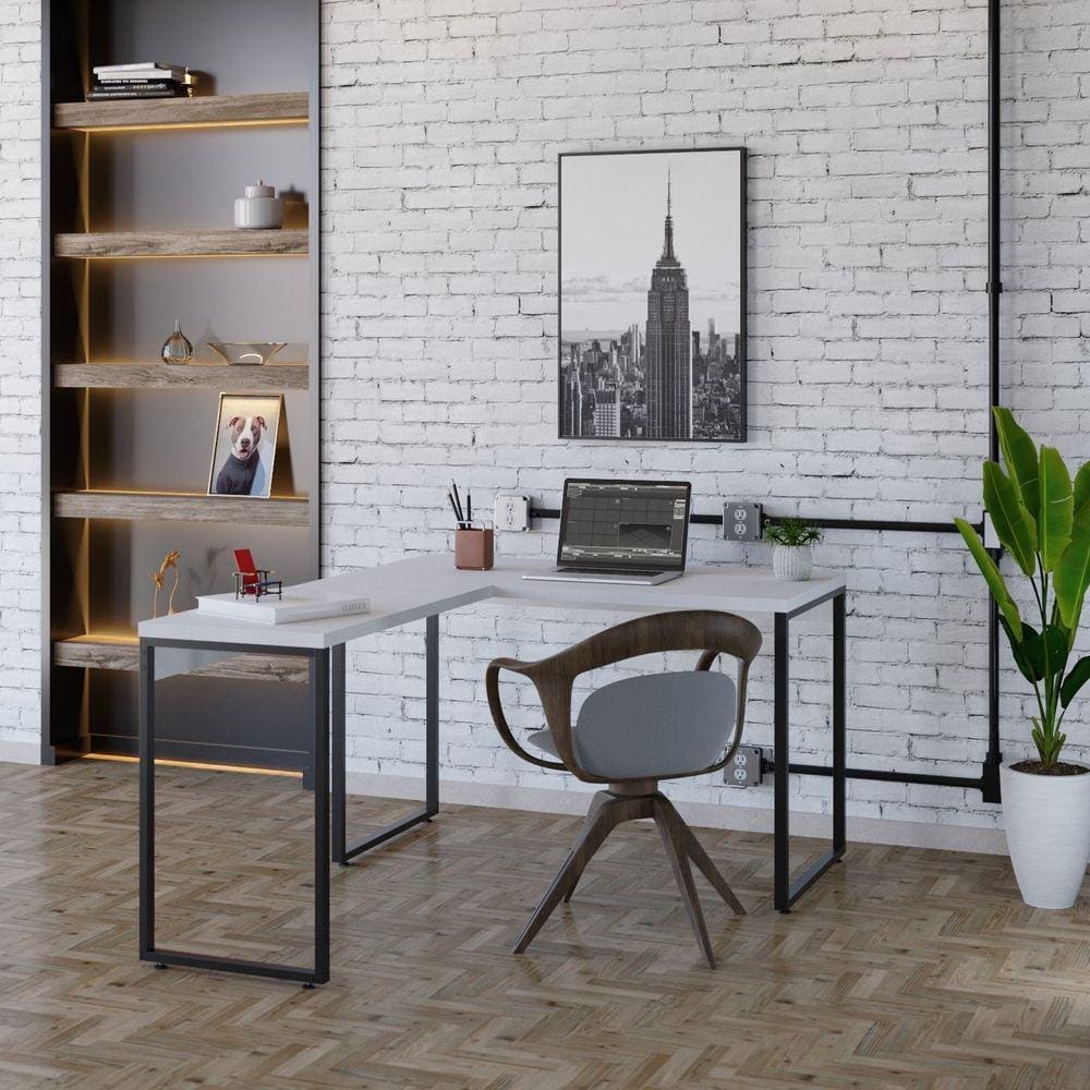 Mesa de Escritório em L Estilo Industrial 120x150cm Kuadra Branco Chess / Est.Preta