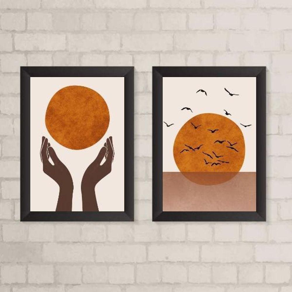 Kit 2 Quadros Boho Sol 33x24cm Vidro + Moldura Preta