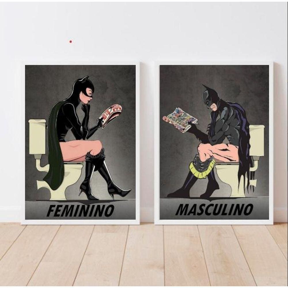 Kit 2 Quadros Banheiro M/F 45x34cm - Vidro e Moldura Preta