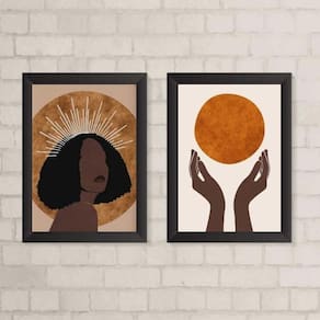 Kit 2 Quadros Arte Boho Mulher Negra com Sol 24x18cm - Vidro