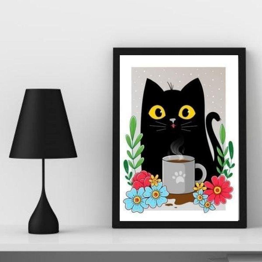 Quadro Gato com Caneca Café 24x18cm - Madeira Branca