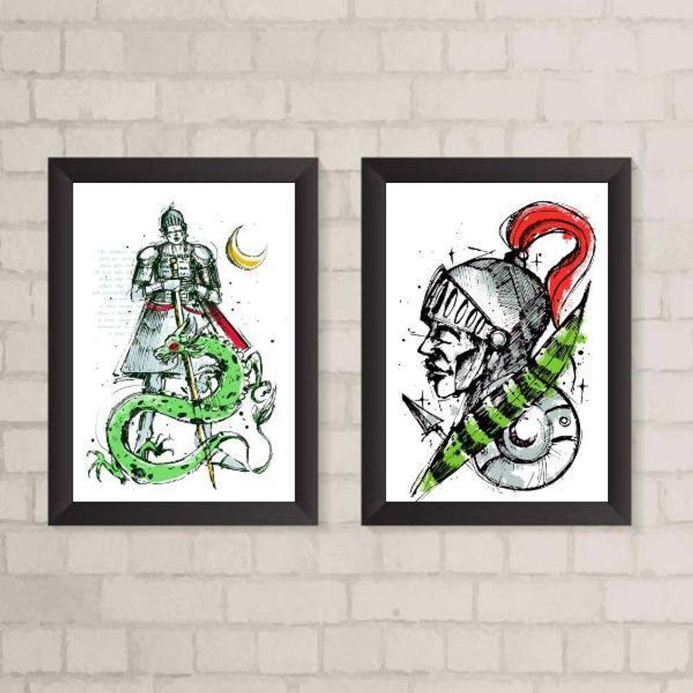 Kit 2 Quadros São Jorge 33x24cm - Vidro e Moldura Preta