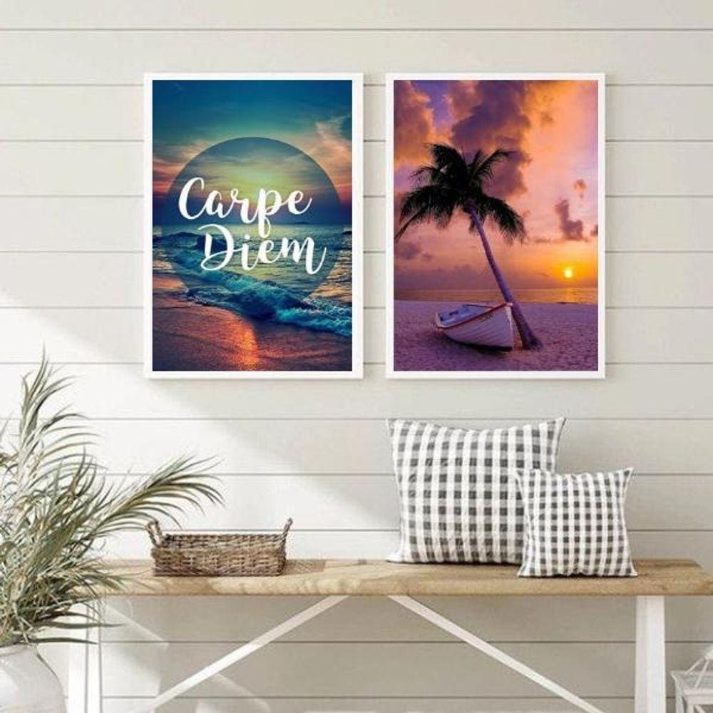 Quadros Praia Por do Sol Carpe Diem 24x18cm - Madeira Branca