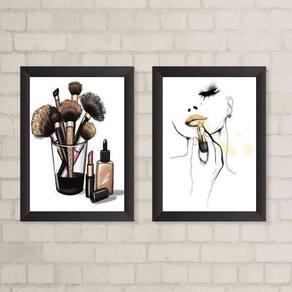 Kit 2 Quadros Makeup Mulher 45x34cm - Moldura Preta