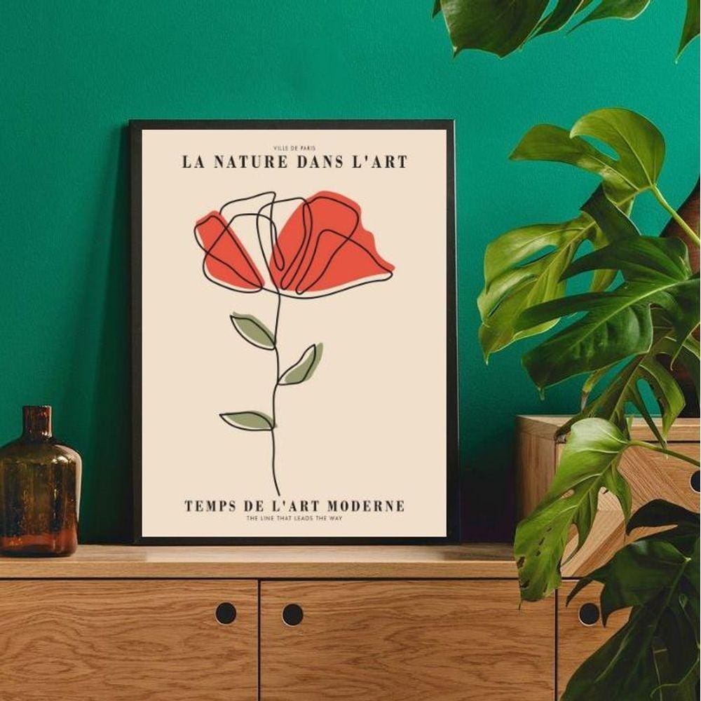 Quadro Minimalista Flor Vermelha 24x18cm - com Vidro