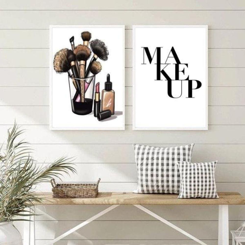 Kit 2 Quadros Maquiagens Makeup 33x24cm - Moldura Preta