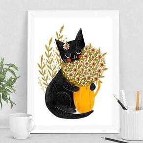 Quadro Gatinho Margaridas 33x24cm - Madeira Preta Vidro