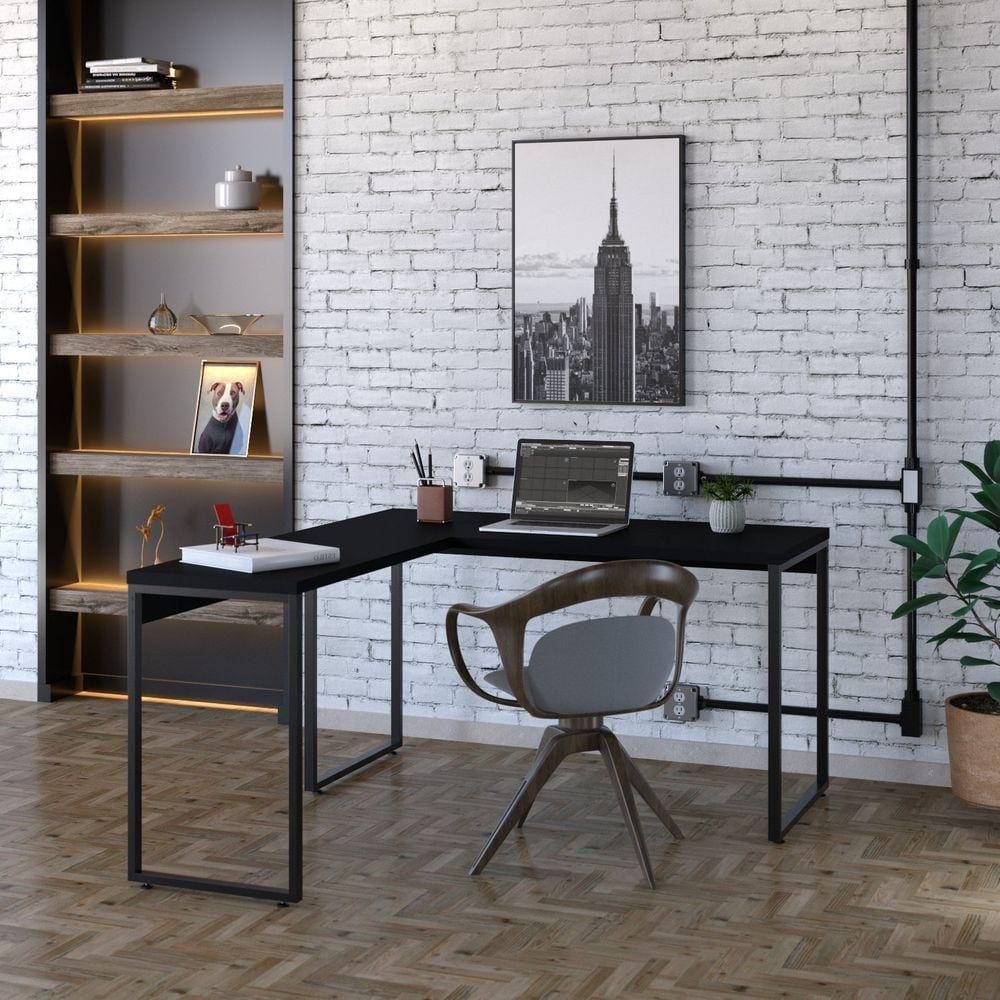Mesa de Escritório em L Estilo Industrial 135x150cm Kuadra Preto Ônix / Est.Preta