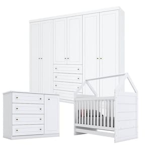 Quarto de Bebê Americano 6 Portas com Berço Montessoriano Branco HP - Henn