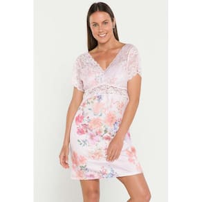 Camisola Feminina Curta Estampada e Renda Vazada