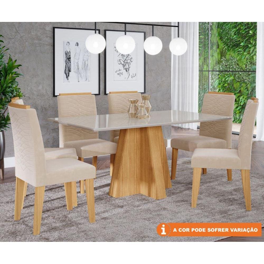 Conjunto Sala De Jantar Patricia 160X80 Tampo MDF/Vidro 6 Cadeiras Clarice Cimol Nature/Offwhite/Nude