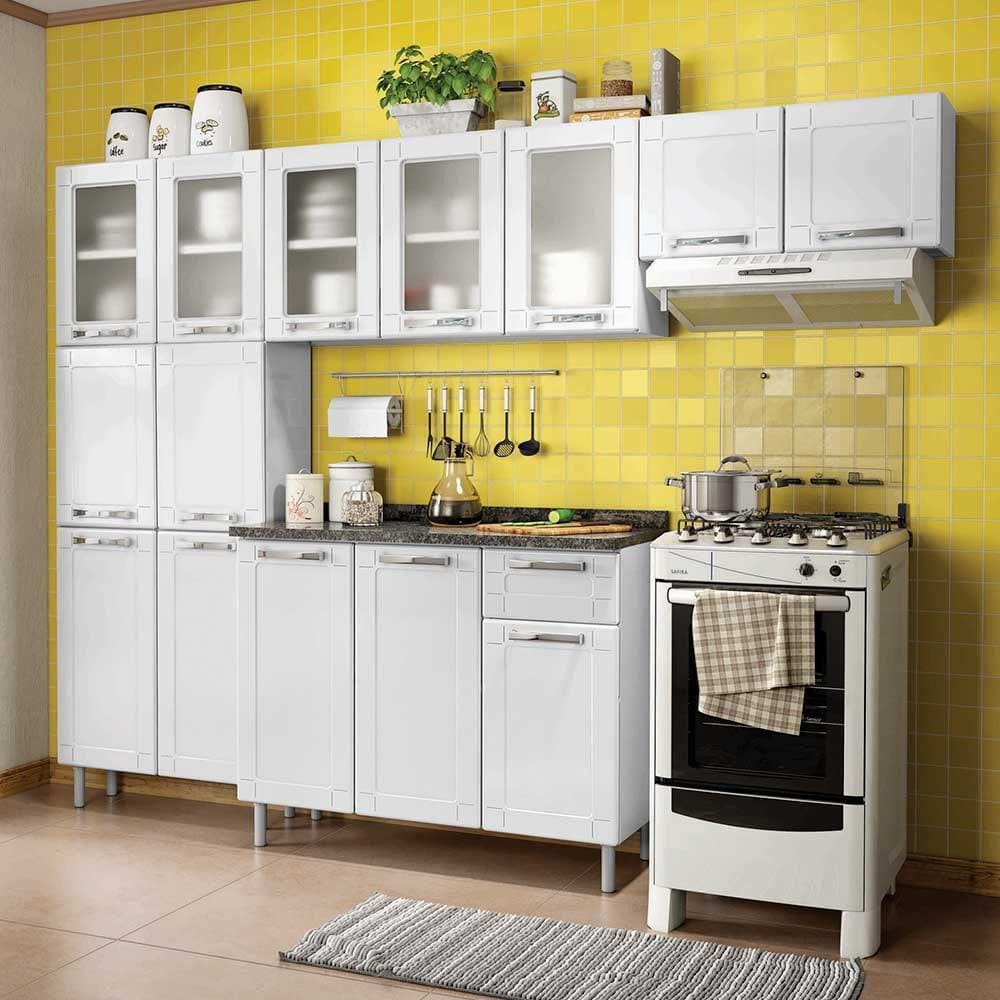 Cozinha de Aço Compacta 4 Peças com 14 Portas Vidro Temperado e 1 Gaveta Multipla Bertolini Branco