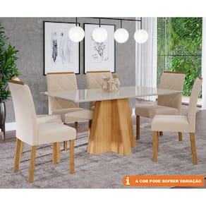 Conjunto Sala De Jantar Patricia 160X80 Tampo MDF/Vidro 6Cadeiras Fernanda Cimol Nature/Off White/Madeira/Nude