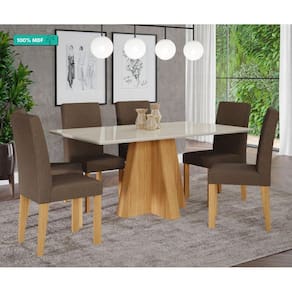 Conjunto Sala de Jantar Patricia 160X80 Tampo em Vidro/MDF 4 Cadeiras Maia Cimol Nature Off White Mascavo