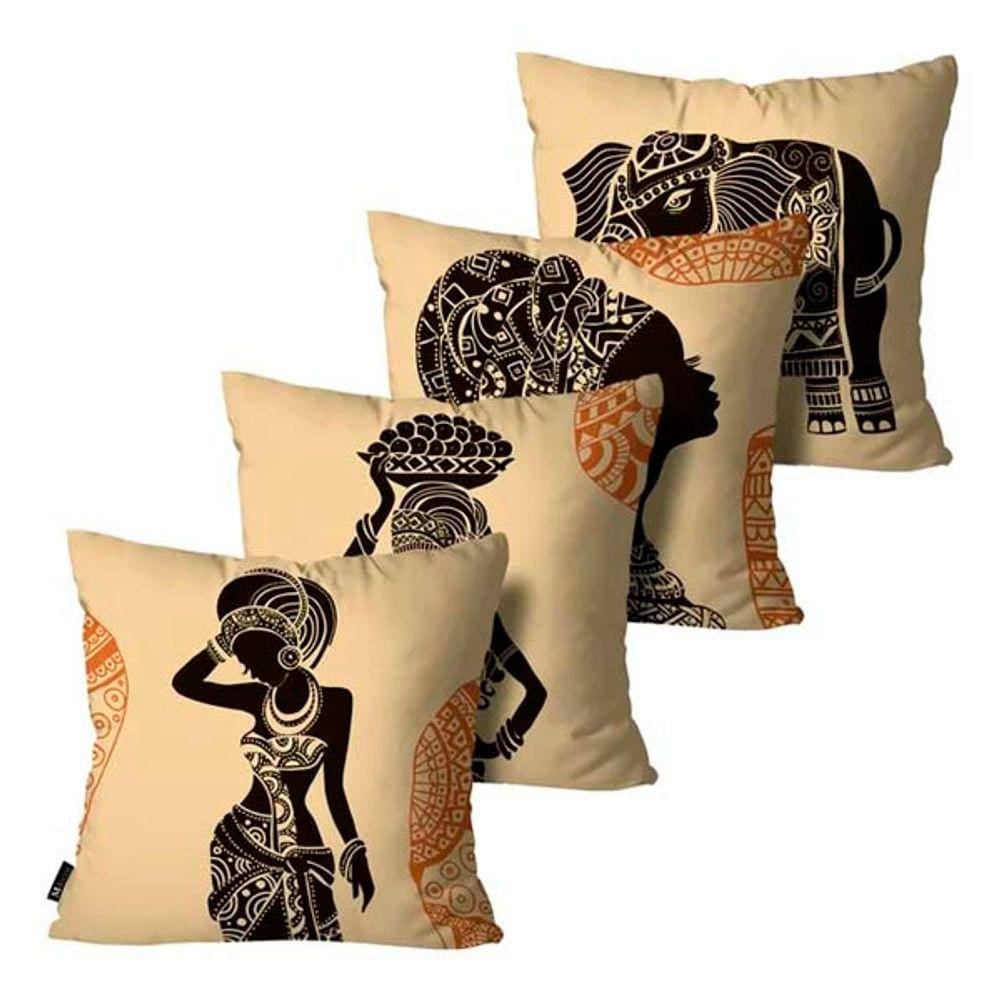 Kit com 4 Capas de Almofadas Africana Amarelo - 45X45cm