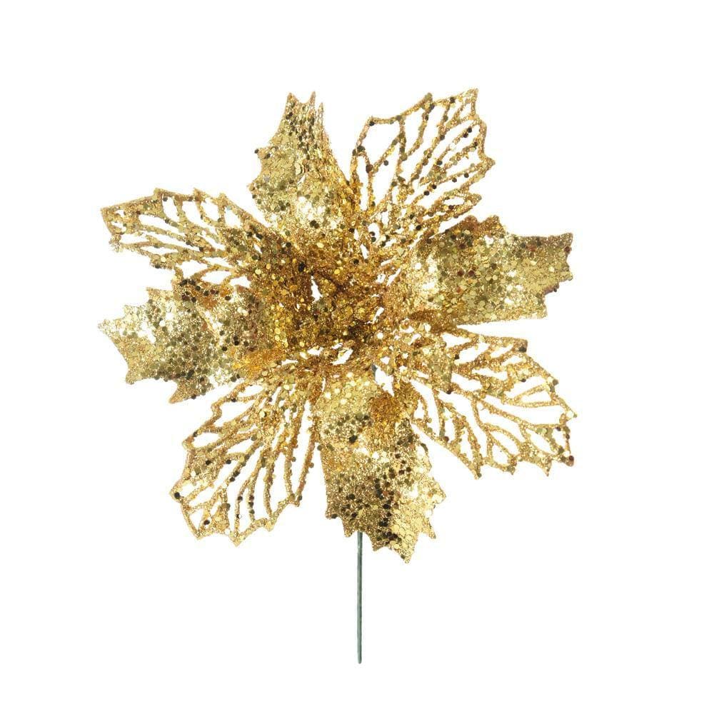 Flor Poinsétia Vazada Glitter Dourado 12X16Cm 1100412