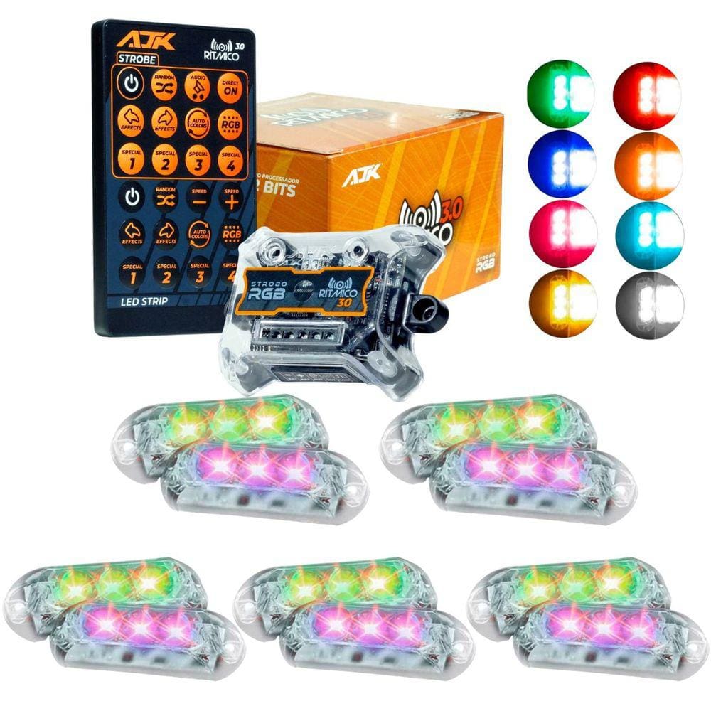 Kit Strobo AJK RGB Rítmico 3.0 + 16 Faróis 6W