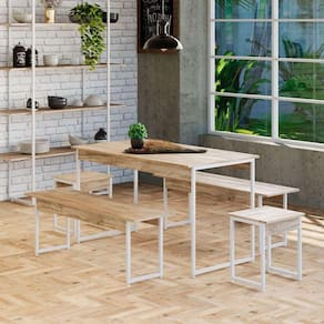 conjunto de mesa de jantar retangular com 4 bancos studio carvalho e branco