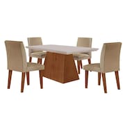 Conjunto de Mesa de Jantar Redonda com Tampo de Vidro Off White Figueira e  4 Cadeiras Gabi Linho Bege e Freijó