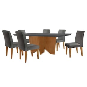 conjunto de mesa de jantar retangular com tampo de vidro varsóvia e 6 cadeiras grécia linho grafite e imbuia