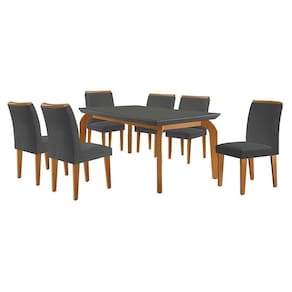 conjunto de mesa de jantar retangular com tampo de vidro turquesa e 6 cadeiras luanda veludo grafite e imbuia