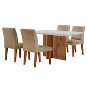 Conjunto de Mesa de Jantar Redonda com Tampo de Vidro Off White Figueira e  4 Cadeiras Gabi Linho Bege e Freijó