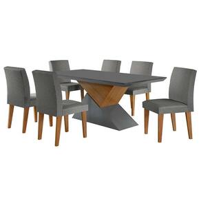 conjunto de mesa de jantar retangular com tampo de vidro turmalina e 6 cadeiras grécia linho grafite e imbuia