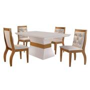 Conjunto de Mesa de Jantar Redonda com Tampo de Vidro Off White Figueira e  4 Cadeiras Gabi Linho Bege e Freijó