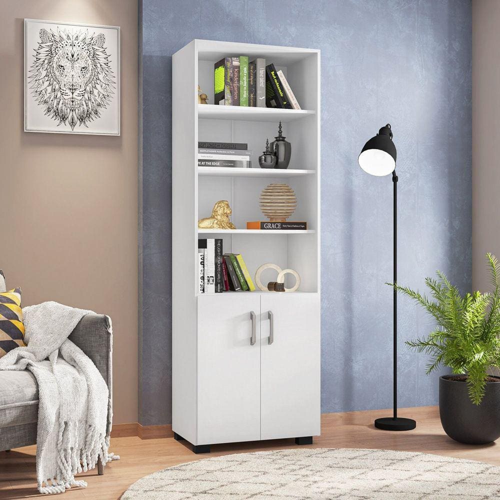 Armário Para Escritório Livreiro Aberto 2 Portas 5 Prateleiras Espresso Móveis Branco