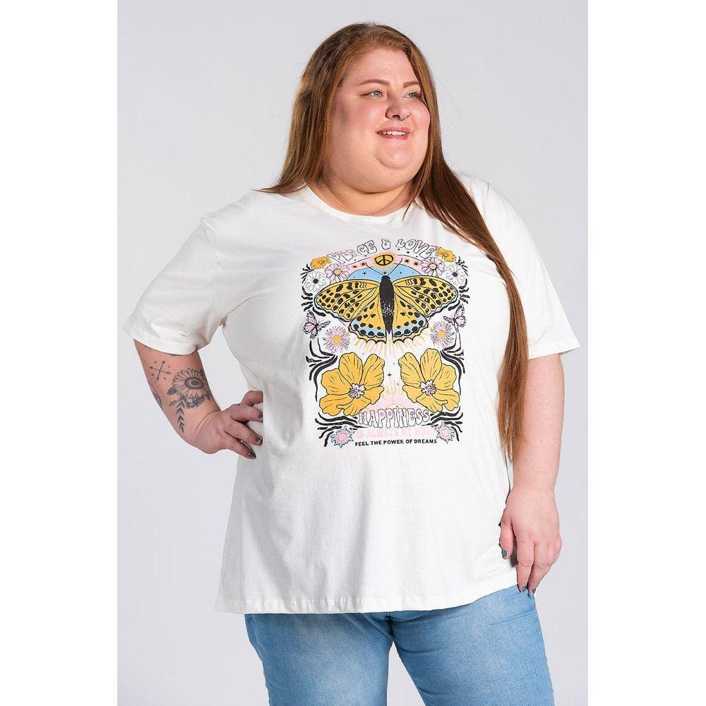 T-shirt Feminina Plus Size Malha Algodão Estampada ”PEACE & LOVE” - Serena