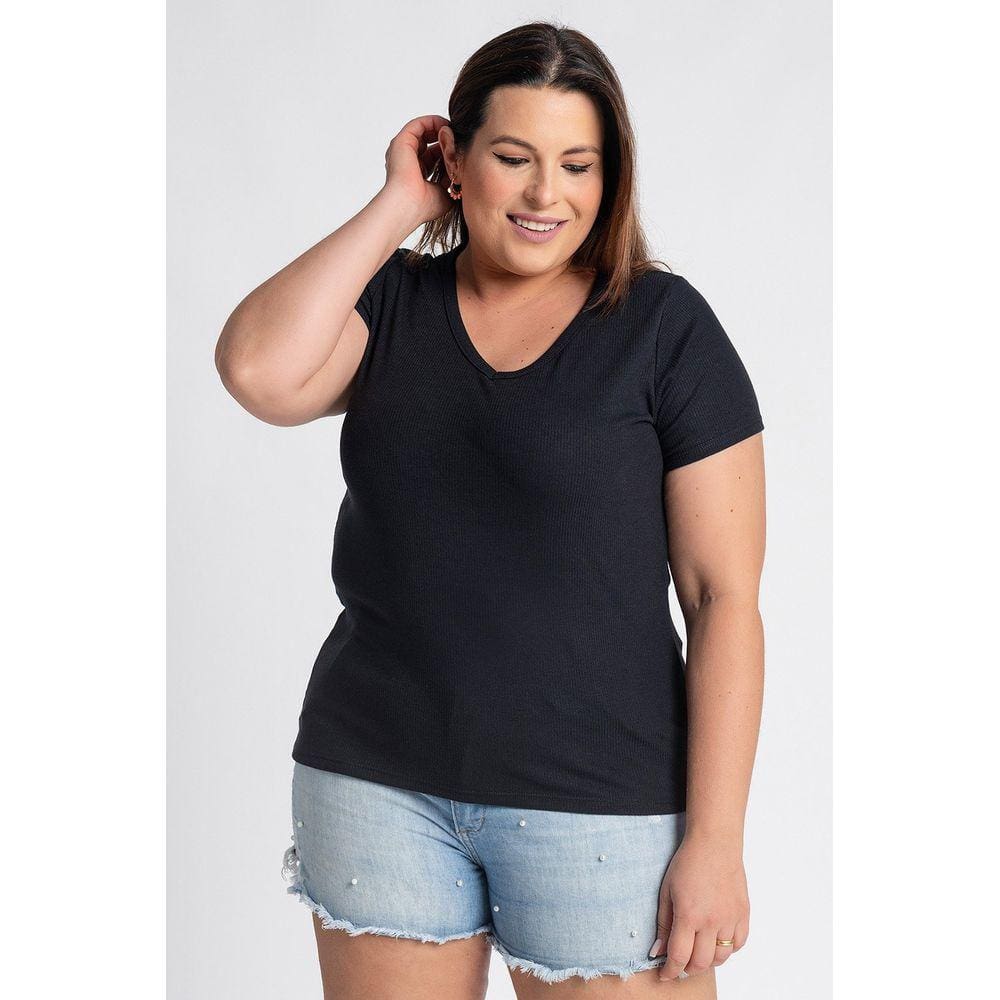Blusa Feminina Plus Size Ribana Canela Decote "V" - Cereja Rosa