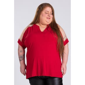 Blusa Feminina Plus Size Visco Decote em "V" Detalhe Tule Mangas - Serena