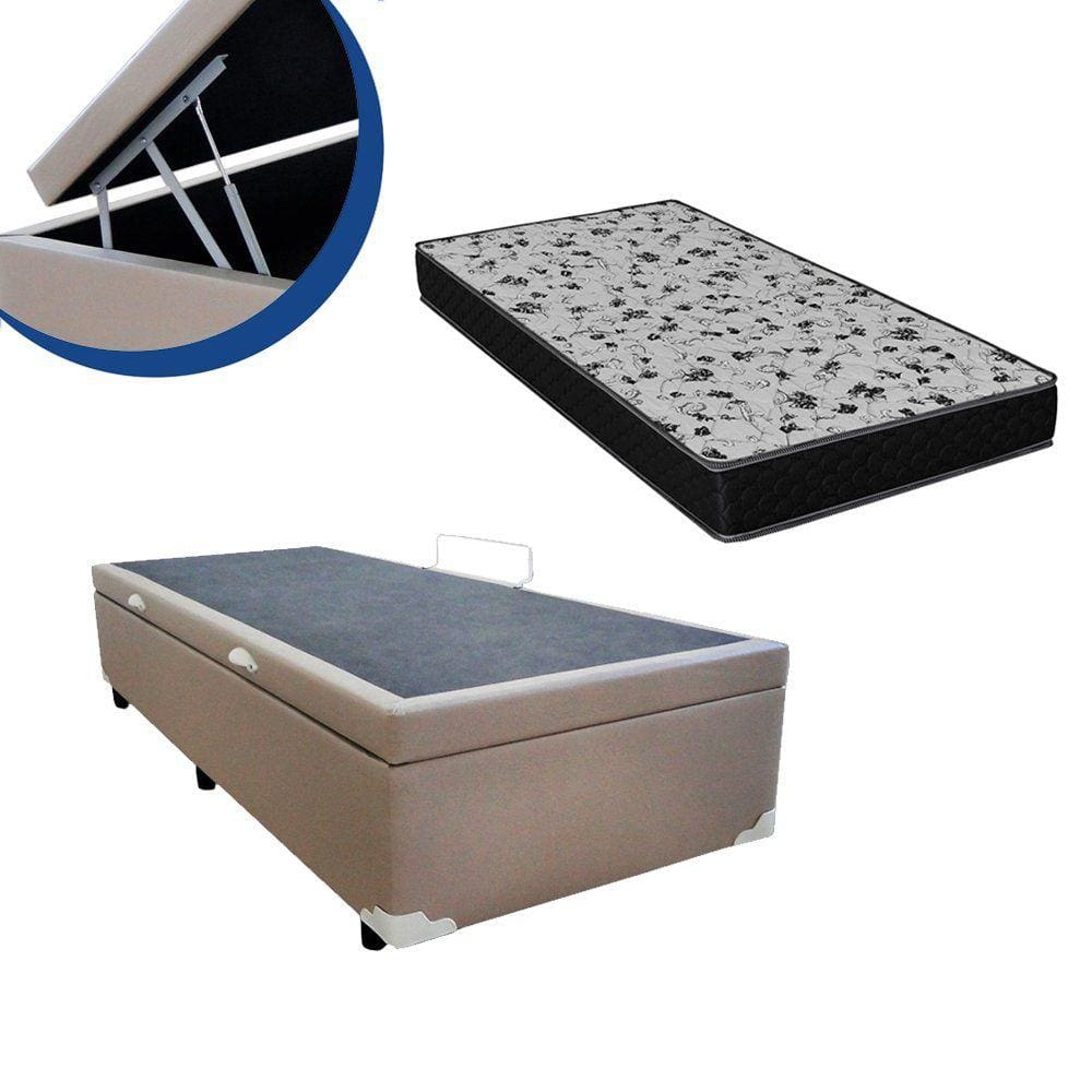 Cama Box Baú Solteiro Colchão Espuma D33 Bordado + Box Bege 53x88x188 Suede