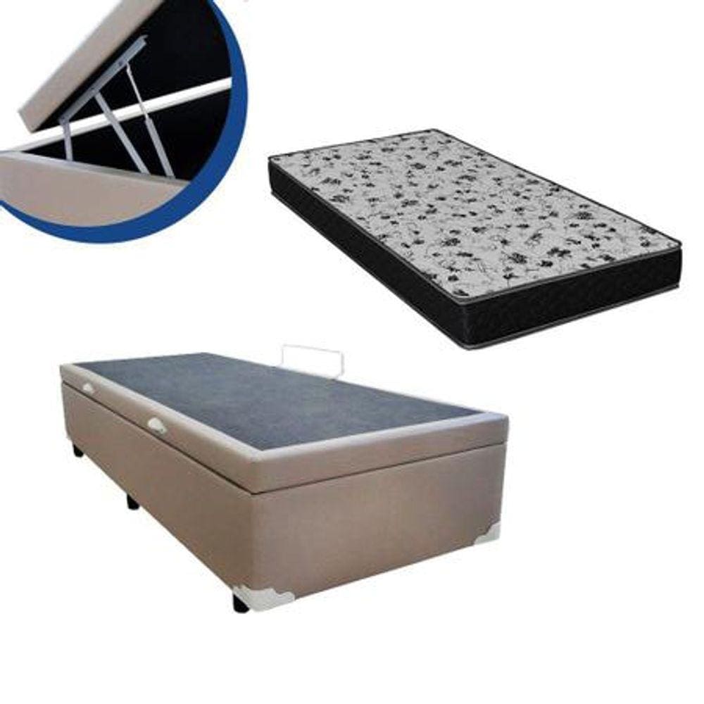 Cama Box Baú Solteiro Colchão Espuma D33 Bordado + Box Suede Bege 53x78x188