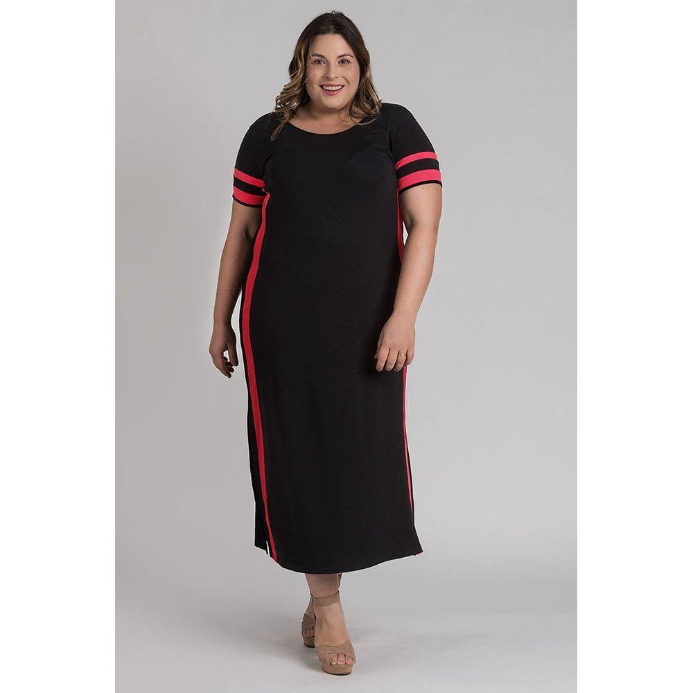 Vestido Feminino Plus Size Visco Faixas Cor Contrastante - Serena