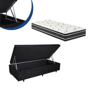 Cama Box Baú Solteiro Colchão Espuma D33 Bordado + Box Suede Preto 53x88x188