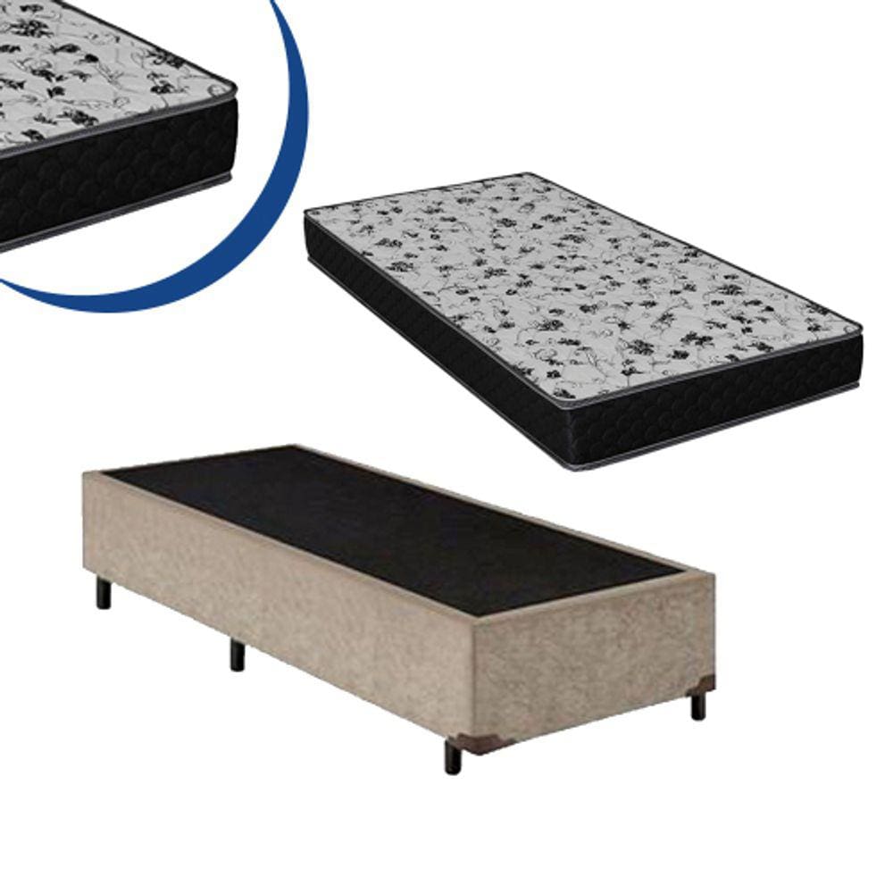 Cama Box Solteiro Colchão Espuma D45 Bordado + Box Suede Bege 52x88x188