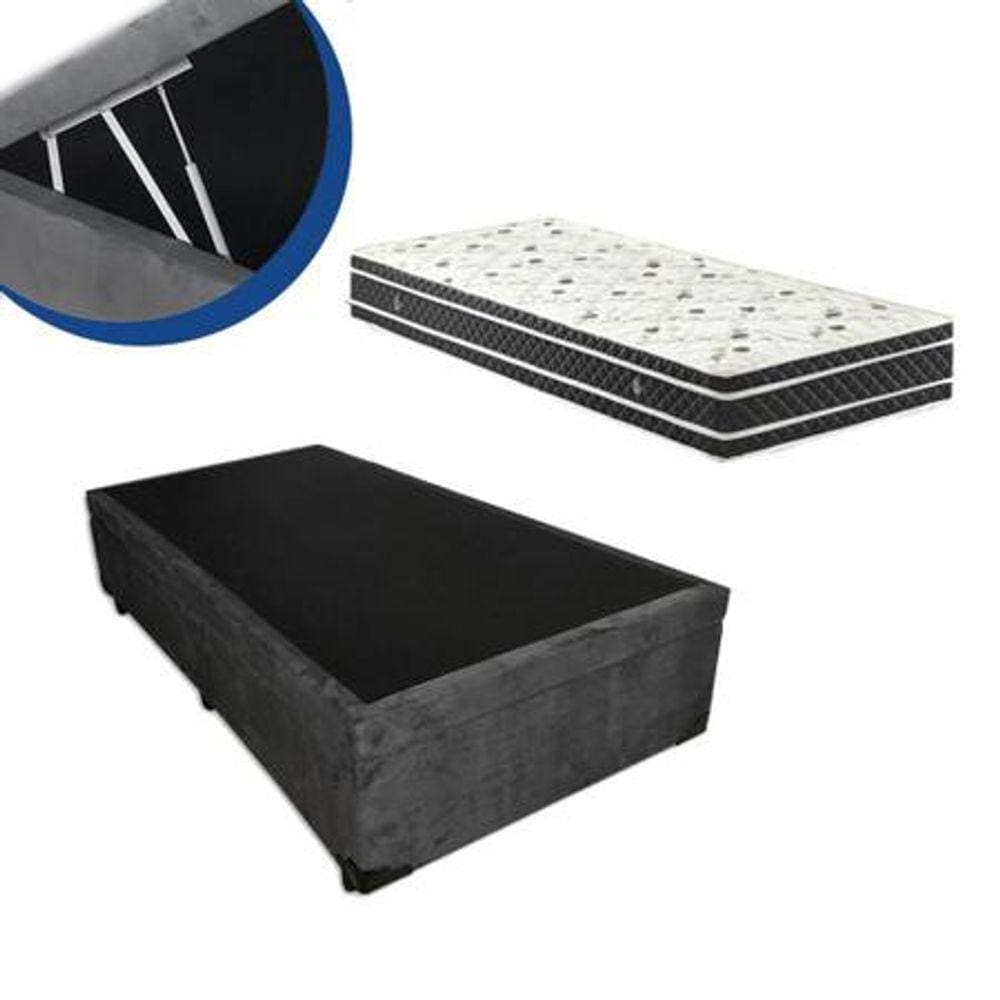 Cama Box Baú Solteiro Colchão Molas Ensacadas + Box Sintético Cinza 63x88x188