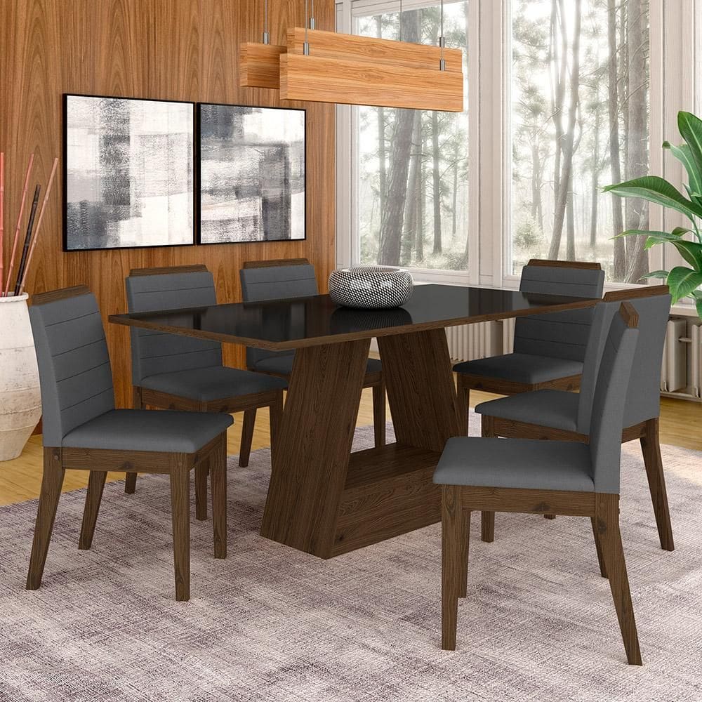 Mesa Com 6 Cadeiras 1,60 Nápoles Imbuia/preto/cinza - Móveis Arapongas