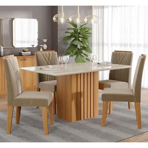 Conjunto Sala de Jantar Ana 130X80 Tampo em MDF/Vidro 4 Cadeiras Nicole Cimol Nature/Off White/Joli