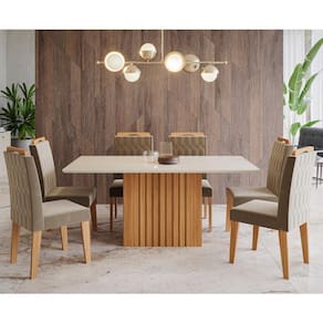 Conjunto Sala de Jantar Ana 180X90 Tampo MDF/Vidro 6 Cadeiras Paola Cimol Nature/Off White/Joli
