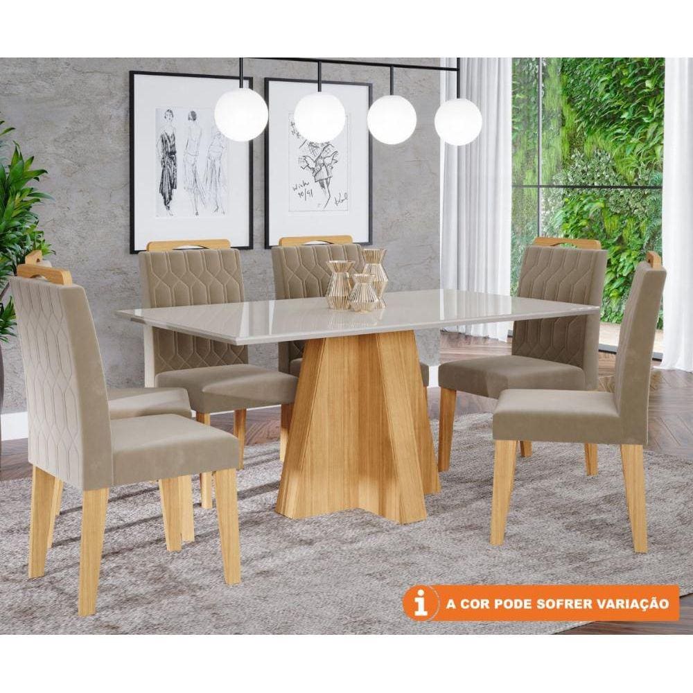 Conjunto Sala De Jantar Patricia 160X80 Tampo MDF/Vidro 6 Cadeiras Paola Cimol Nature/Offwhite/Joli