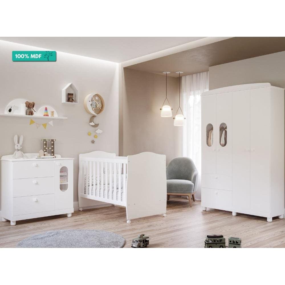 Quarto de Bebê Completo com Berço Mini Cama Conforto, Cômoda 1 Porta e Guarda Roupa 4 portas Fofura Permobili Branco