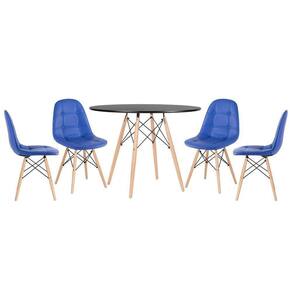 Mesa Redonda Eames 100 Cm Preto + 4 Cadeiras Estofadas Eiffel Botonê Azul Azul