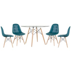 Mesa Eames Com Tampo De Vidro 120 Cm + 4 Cadeiras Estofadas Eiffel Botonê Turquesa Turquesa